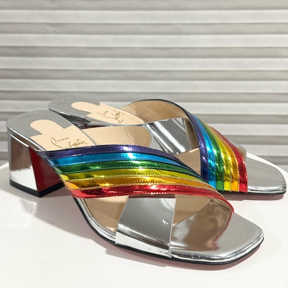 🌺CHRISTIAN LOUBOUTIN🌺 Arkenmule Silver Rainbow Mule Sandal Size: 36.5 - Picture 4 of 15